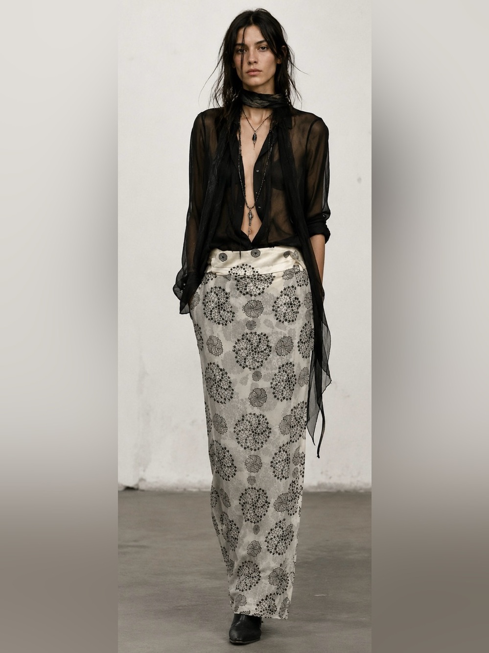 NWT Ann Demeulemeester Circle Print Silk Maxi Skirt Black Ivory IT 38 / US 4